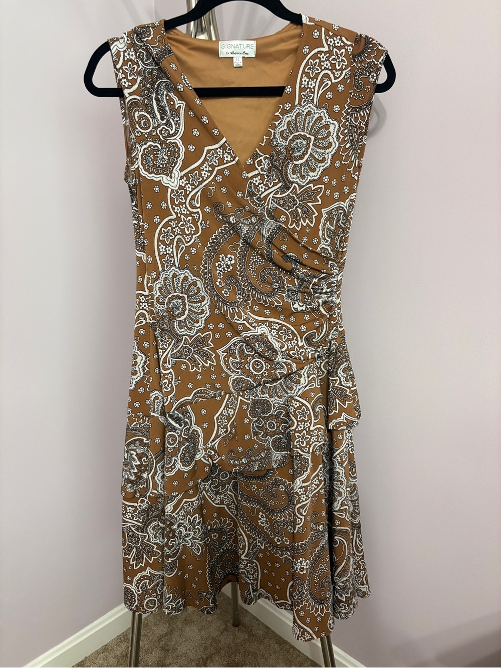 Robbie Bee Brown and White Paisley Midi Faux Wrap Dress